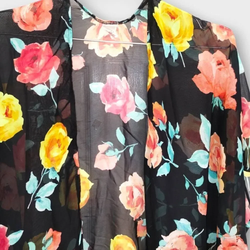 Womens Coverup Semi Sheer Black Red Pink Floral Knee Length Open Pom Poms Beachy